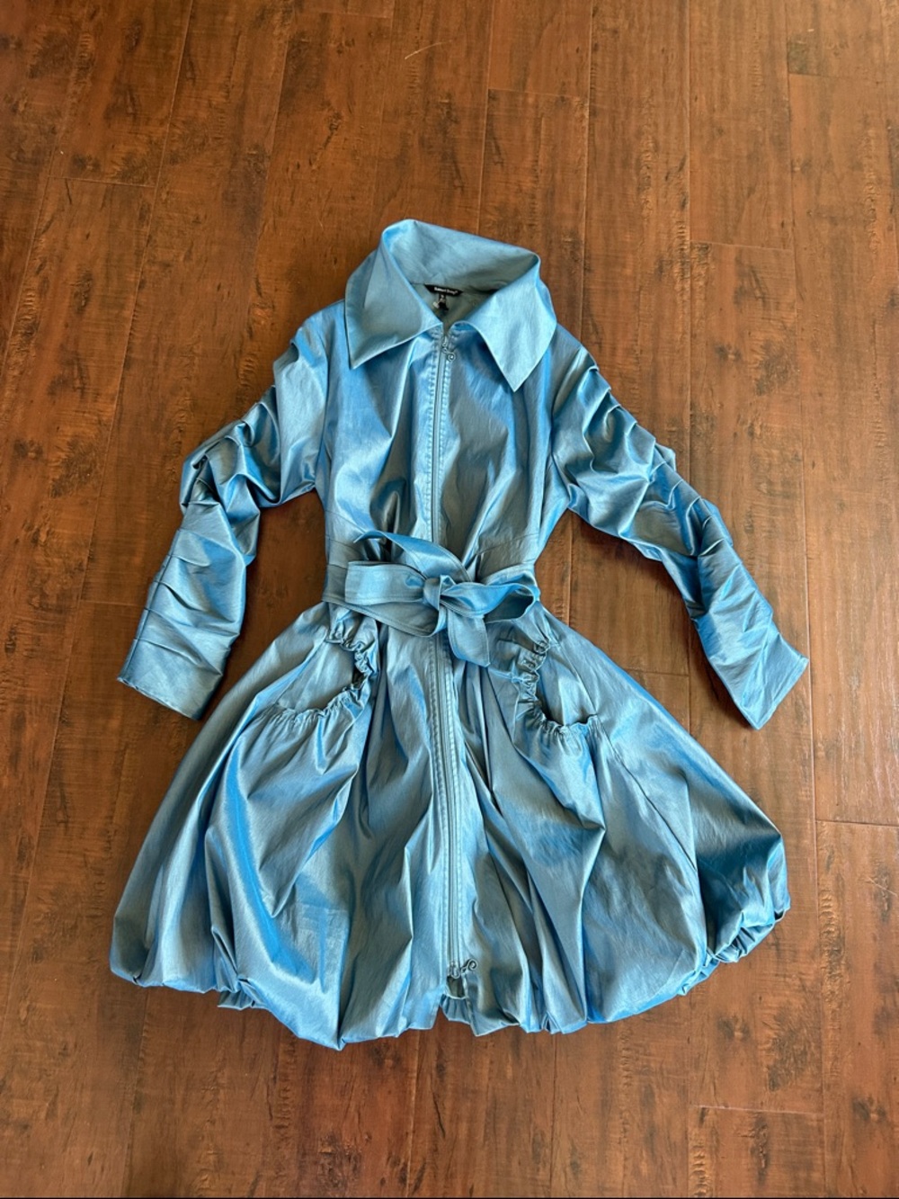 Samuel Dong Light Blue Bubble Trench Dress with Tie Belt